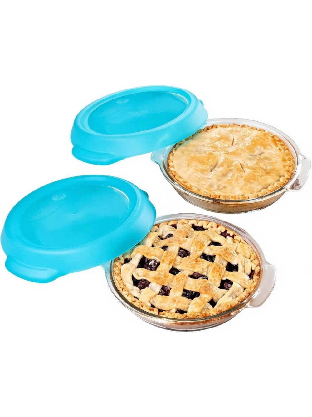 Stackable Glass Pie Plate Set - 2 Piece Casserole Dish with Lids, Space Saving